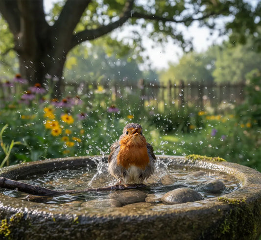 Rotkehlchen badet in einer steinernen Vogeltränke, das Wasser spritzt, im Hintergrund ein blühender Garten
