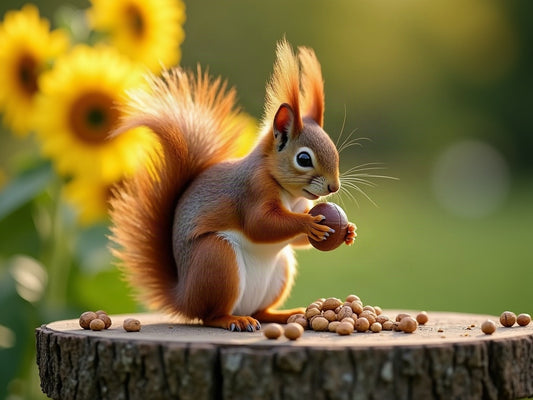 Squirrel sitting on a wooden slice in the garden, holding a nut in its front paws, with nuts and seeds beside it