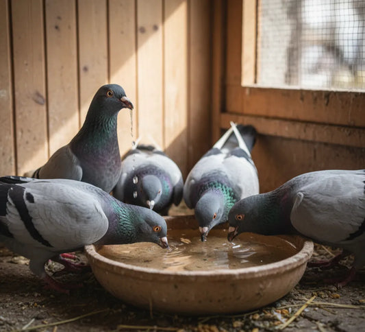 Mehrere Tauben trinken aus einer flachen Tonschale im Taubenschlag