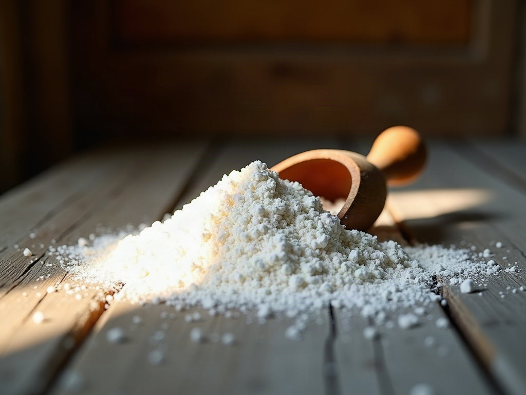 Pile of finely ground diatomaceous earth with a wooden shovel on a weathered wooden board in the barn