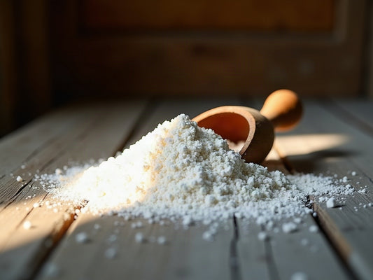 Pile of finely ground diatomaceous earth with a wooden shovel on a weathered wooden board in the barn
