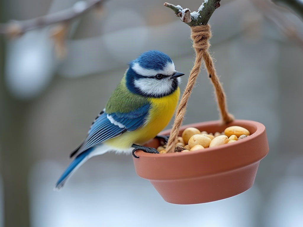 Blue tit on a handmade clay bird feeder with nuts and seeds, with a snowy conservatory behind it