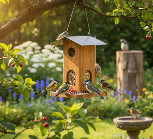 Hölzernes Vogelfutterhaus im Garten, an dem Kohlmeisen, eine Blaumeise und ein Sperling fressen