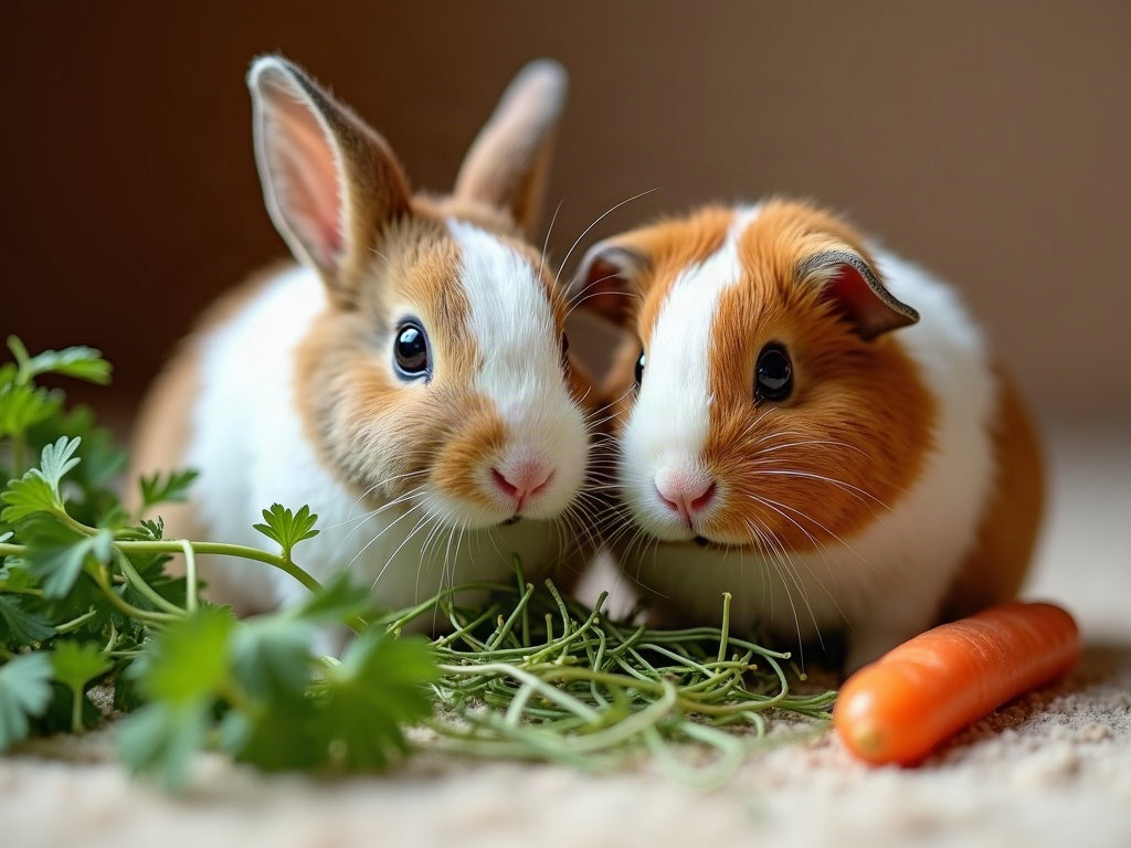Zwerg rabbits and guinea pigs eat hay side by side, with parsley and a carrot beside them