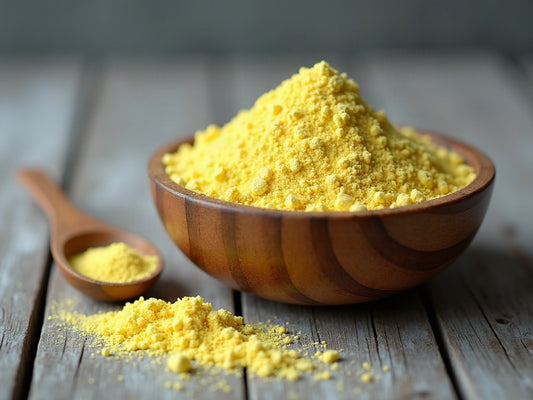 Blassgelbe sulfur blossom as a fine powder in a wooden bowl, with a wooden spoon beside it on weathered wood