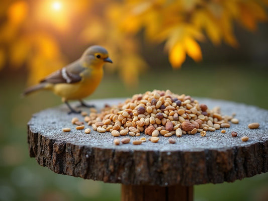 Wildvogel an einer herbstlichen Futterstelle: Körnermischung mit Sonnenblumenkernen und Erdnüssen auf einem Futtertisch aus Holz