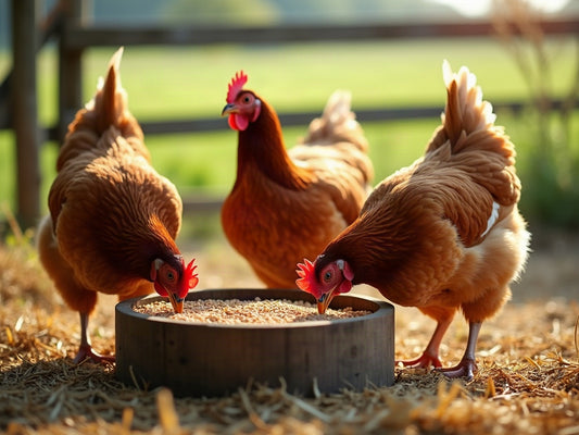 Three brown chickens peck grains from a wooden feed trough on straw, with a green pasture behind them