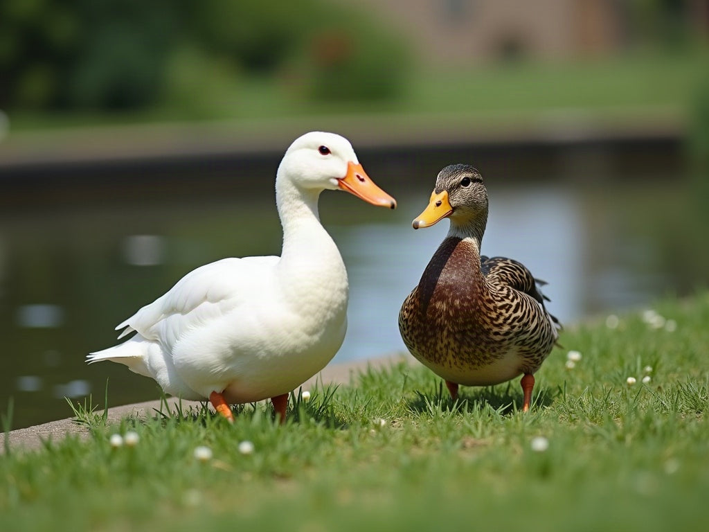 Zwei Enten am Ufer eines Gartenteichs auf der Wiese