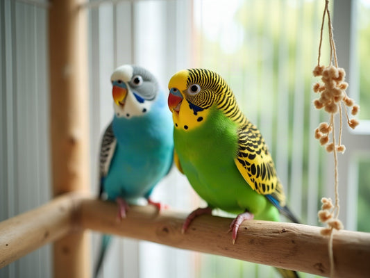 Two budgerigars, one blue and one green, are sitting on a natural branch in the cage, with millet spray hanging beside them.