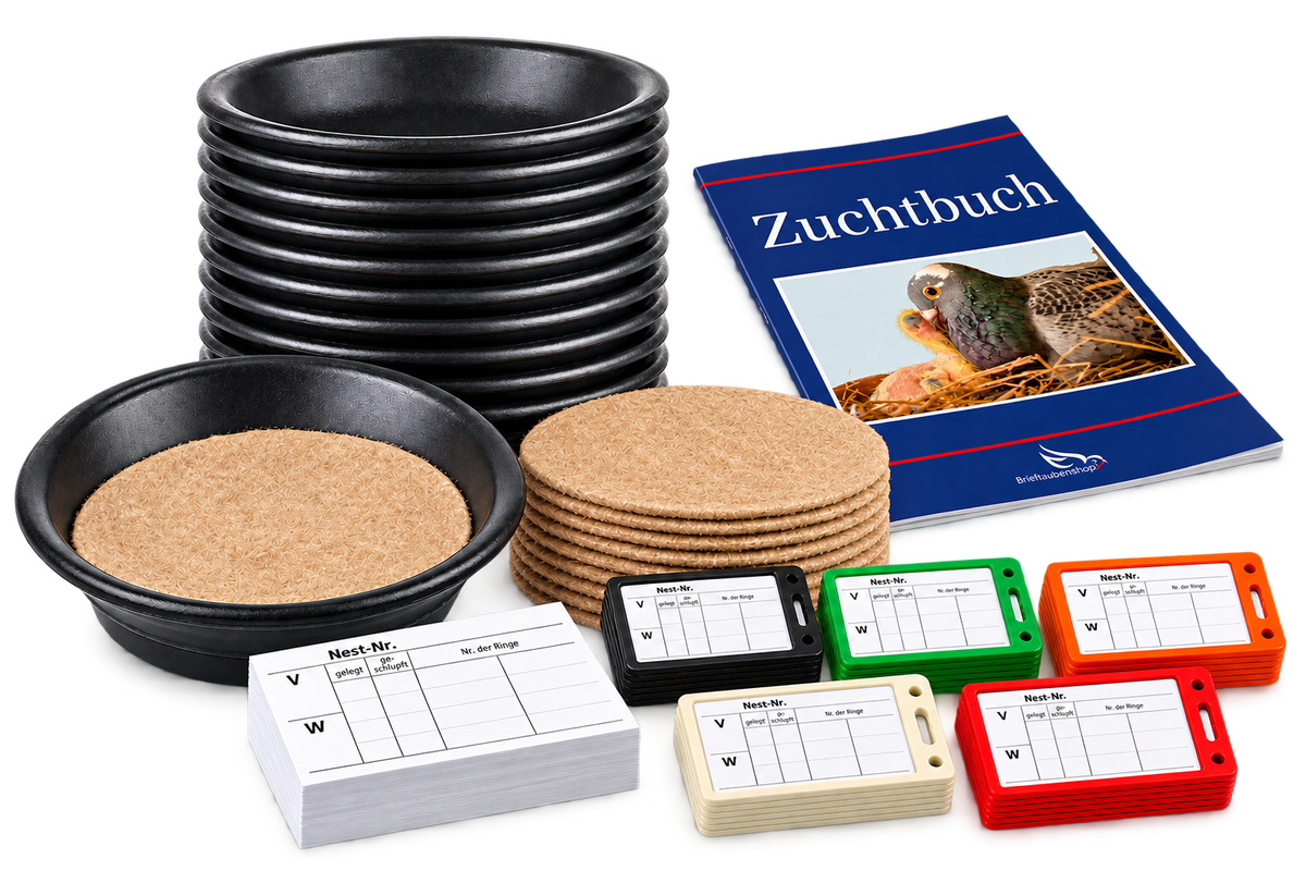 Eurital Zucht-Set für Brieftaubenzüchter: 10 Nistschalen 23 cm + 10 Kokos-Einlagen + 100 Nestkarten + 100 Halter + Zuchtbuch A4 gratis