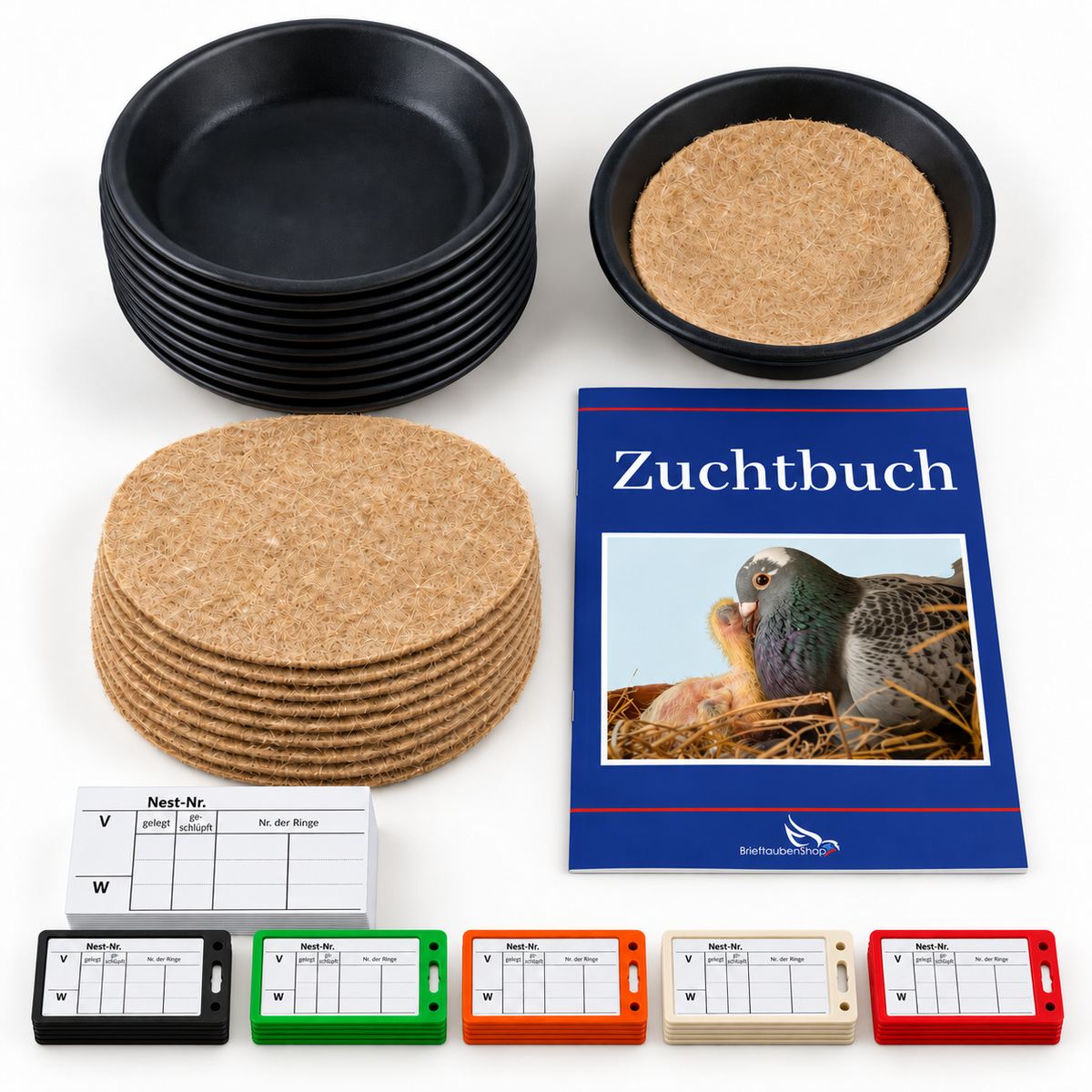 Eurital Zucht-Set für Brieftaubenzüchter: 10 Nistschalen 23 cm + 10 Kokos-Einlagen + 100 Nestkarten + 100 Halter + Zuchtbuch A4 gratis