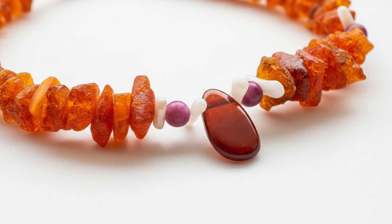 Bernsteinkette für den Hund mit Sugilith und Koralle Länge 25cm