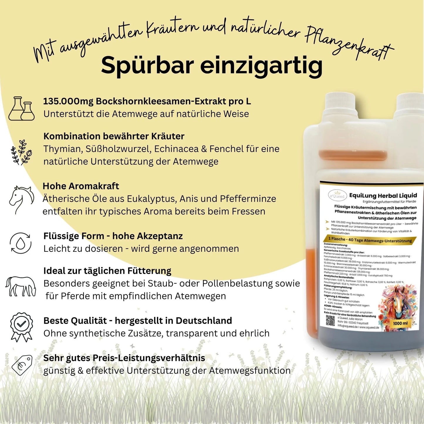 EquiLung Herbal Liquid 1000ml – flüssiges Ergänzungsfuttermittel zur Unterstützung der Atemwege bei Pferden