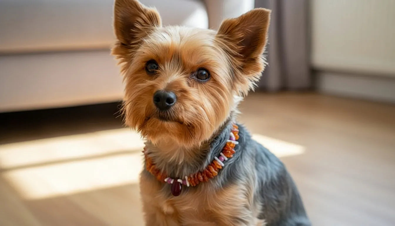 Bernsteinkette für den Hund mit Sugilith und Koralle Länge 25cm