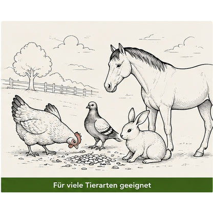Gezeichnete Tiermotive für Eurital Maisflocken mit Pferd Geflügel Taube und Nager