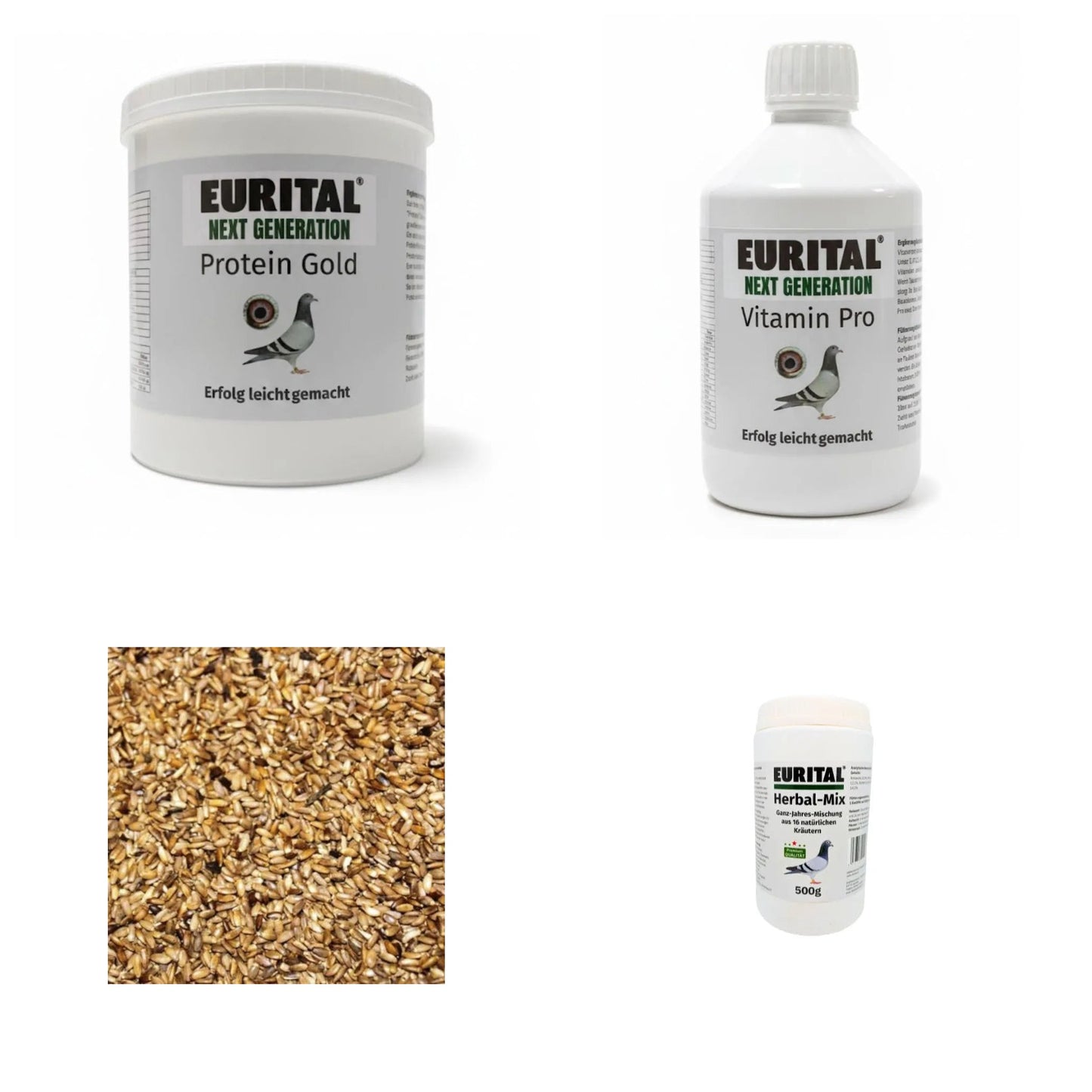 Eurital Mauser-Paket: Protein Gold 500 g, Vitamin Pro 500 ml, Mariendistelsaat 2,5 kg und Herbal-Mix 16 Kräuter 500 g