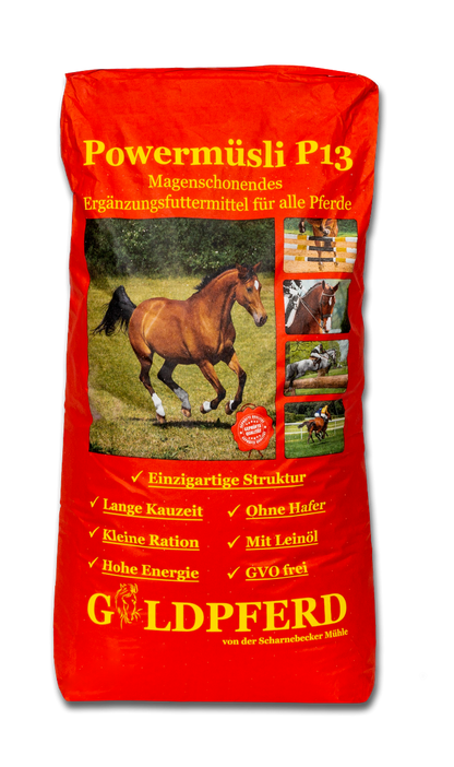 Scharnebecker Mühle Goldpferd Powermüsli P13 Haferfreies Pferdefutter 25kg - Sporting Goods > Outdoor Recreation > Equestrian > Horse Care > Horse Feed > Horse Feed Supplements Einzelfuttermittel