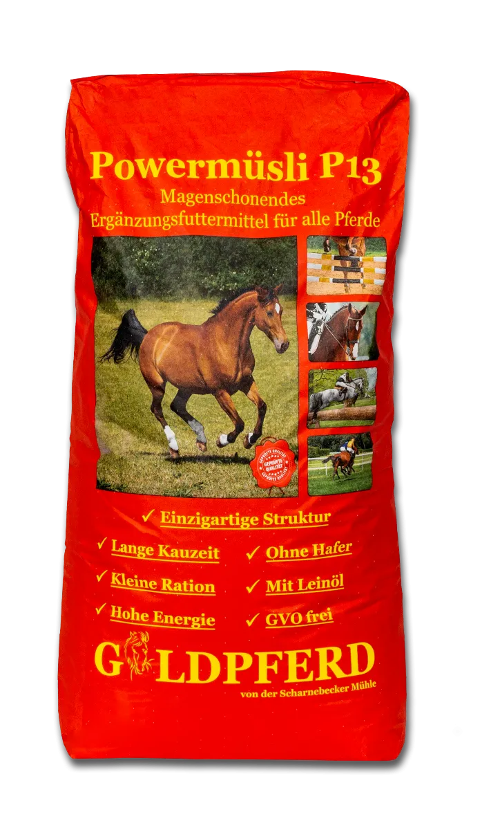 Scharnebecker Mühle Goldpferd Powermüsli P13 Haferfreies Pferdefutter 25kg - Sporting Goods > Outdoor Recreation > Equestrian > Horse Care > Horse Feed > Horse Feed Supplements Einzelfuttermittel