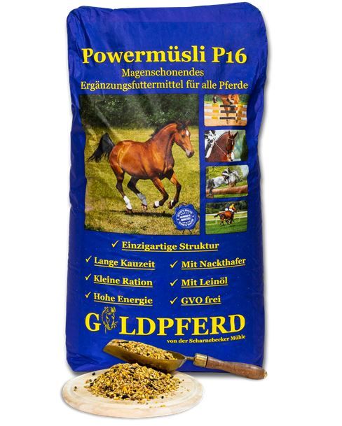 Scharnebecker Mühle Goldpferd Powermüsli P16 25 kg mit Nackthafer Ergänzung - Sporting Goods > Outdoor Recreation > Equestrian > Horse Care > Horse Feed Einzelfuttermittel
